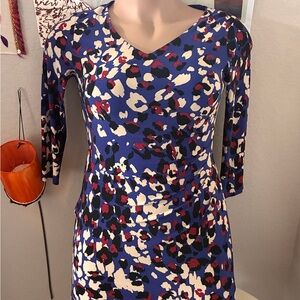 Anne Klein Blue Multi-Print V-Neck Long Sleeve Dress